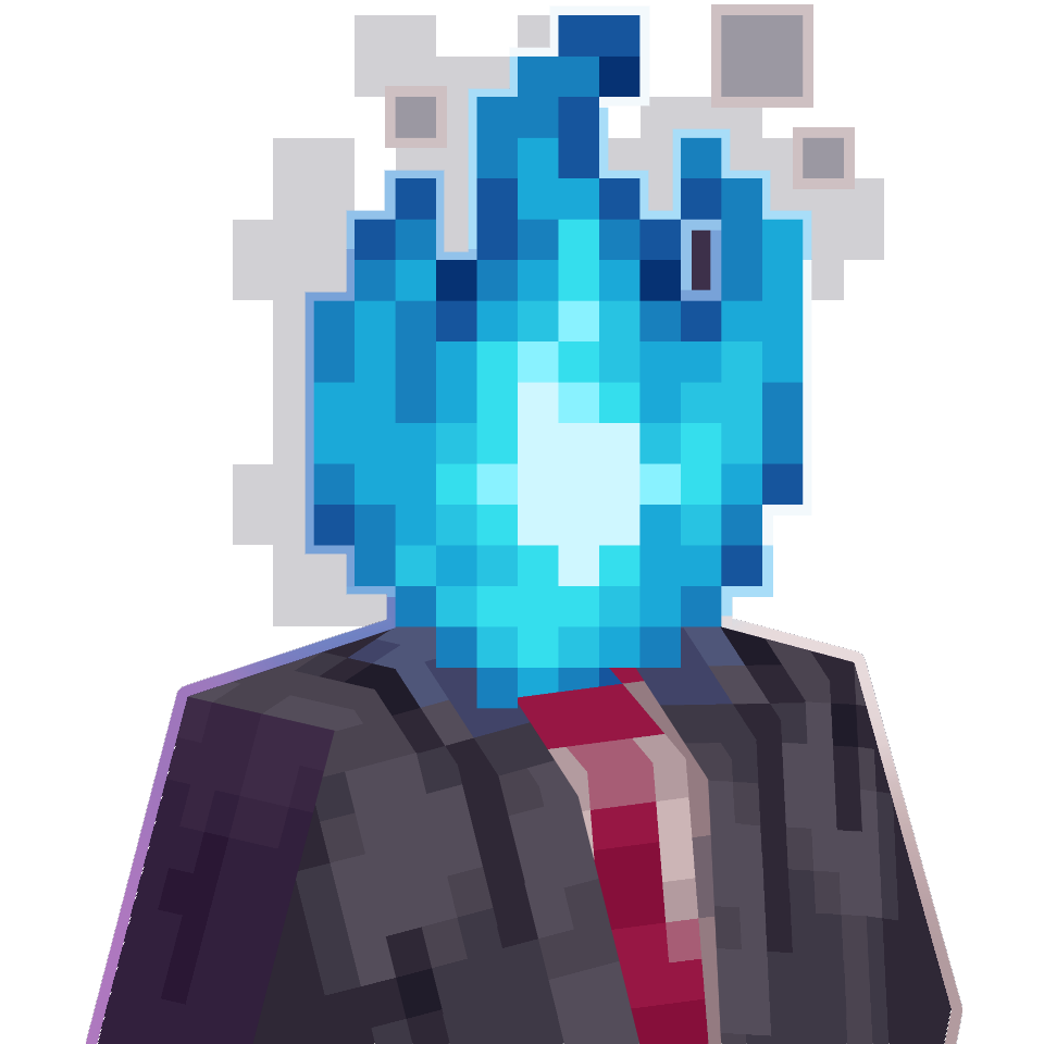 PhantomEye pixel-art avatar, a blue flame head above a suit and tie