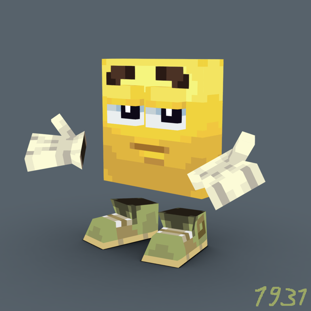 Low-poly pixelated model of an 'Emotiguy', an early-internet character of an emoji with floating shoes and hands