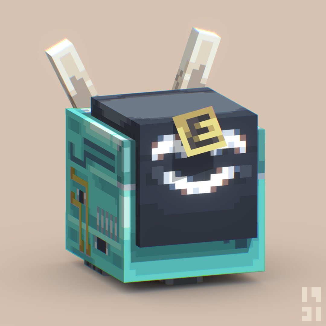 Low-poly pixelated model of the robot character 'E' from The Entropy Centre