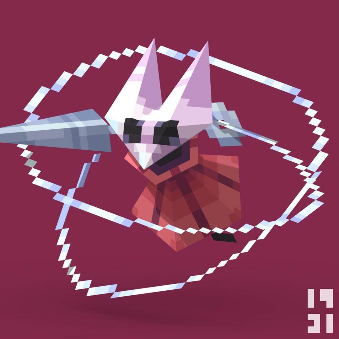 Low-poly pixelated model of Hornet from Hollow Knight spinning her needle to make circles of thread