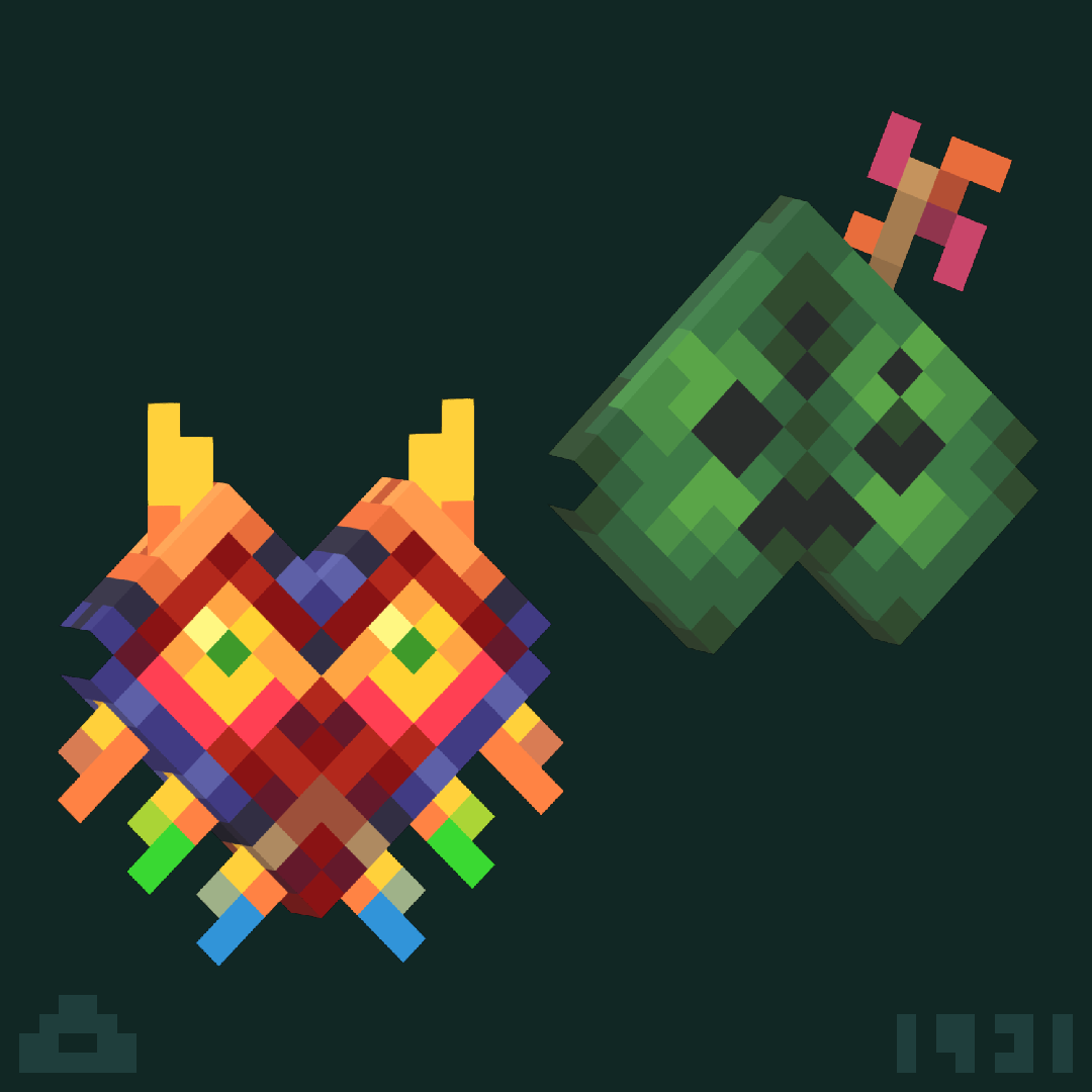 Small pixelated model of Majora's Mask and a Korok Mask from The Legend of Zelda games