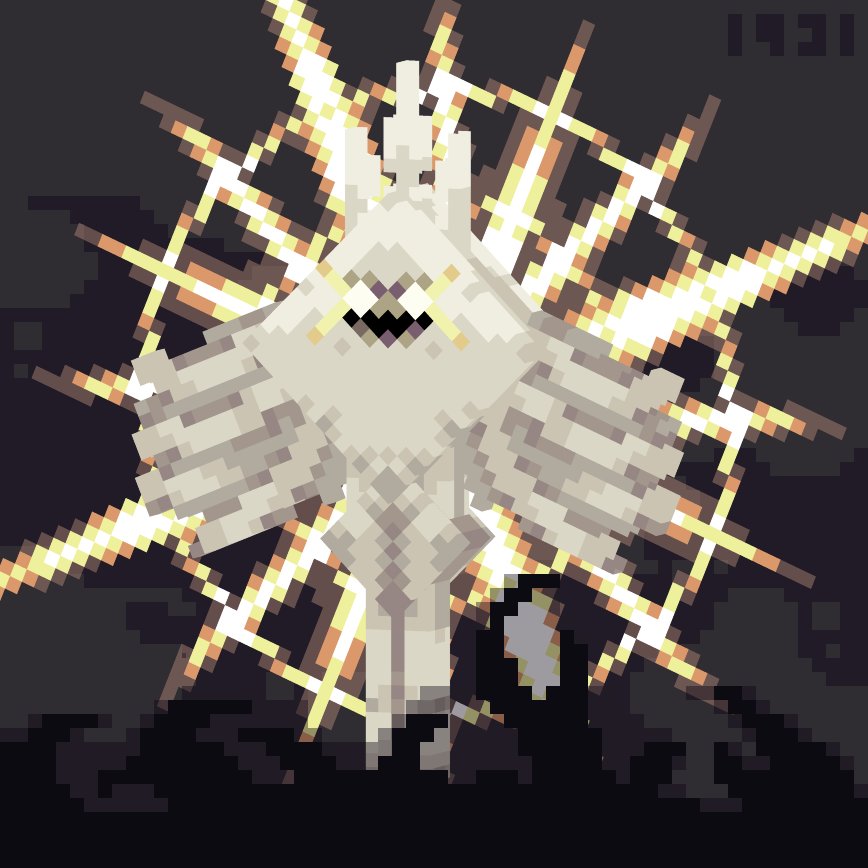 Low-poly pixelated model of The Radiance from Hollow Knight, shining bright on a dark background of void