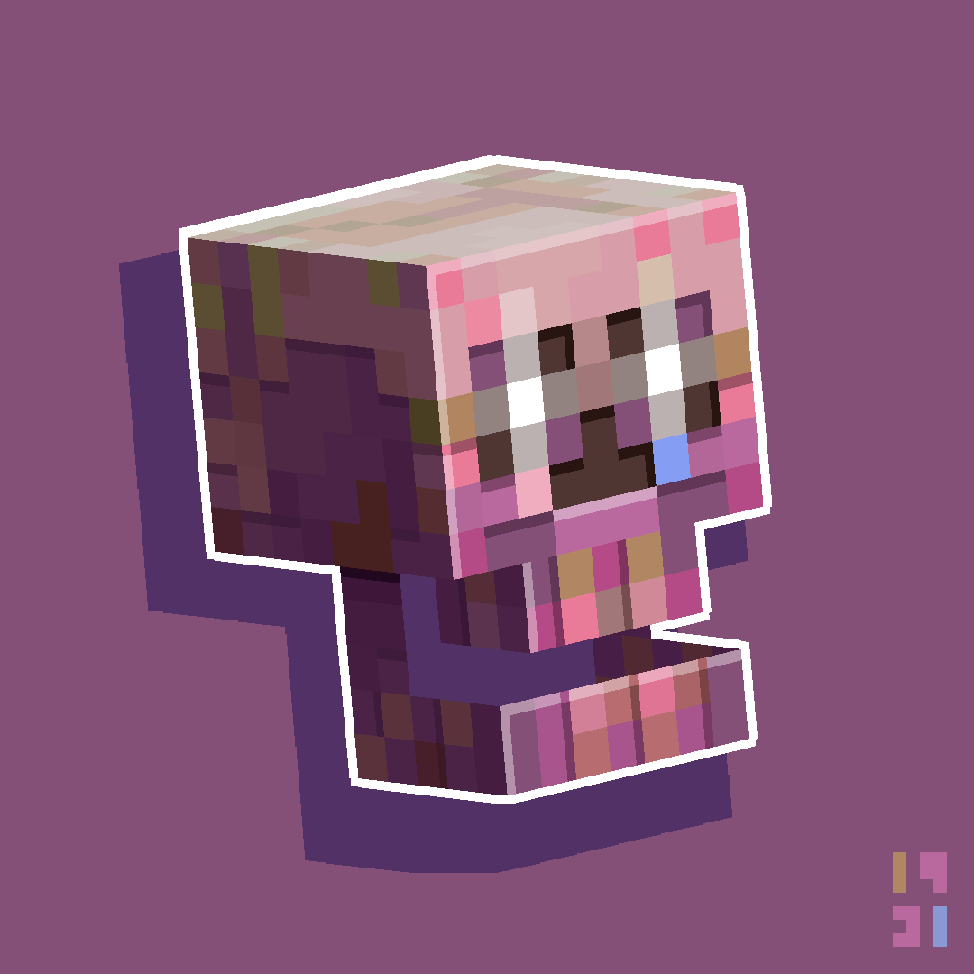 Low-poly pixelated model of a colorful purple skull