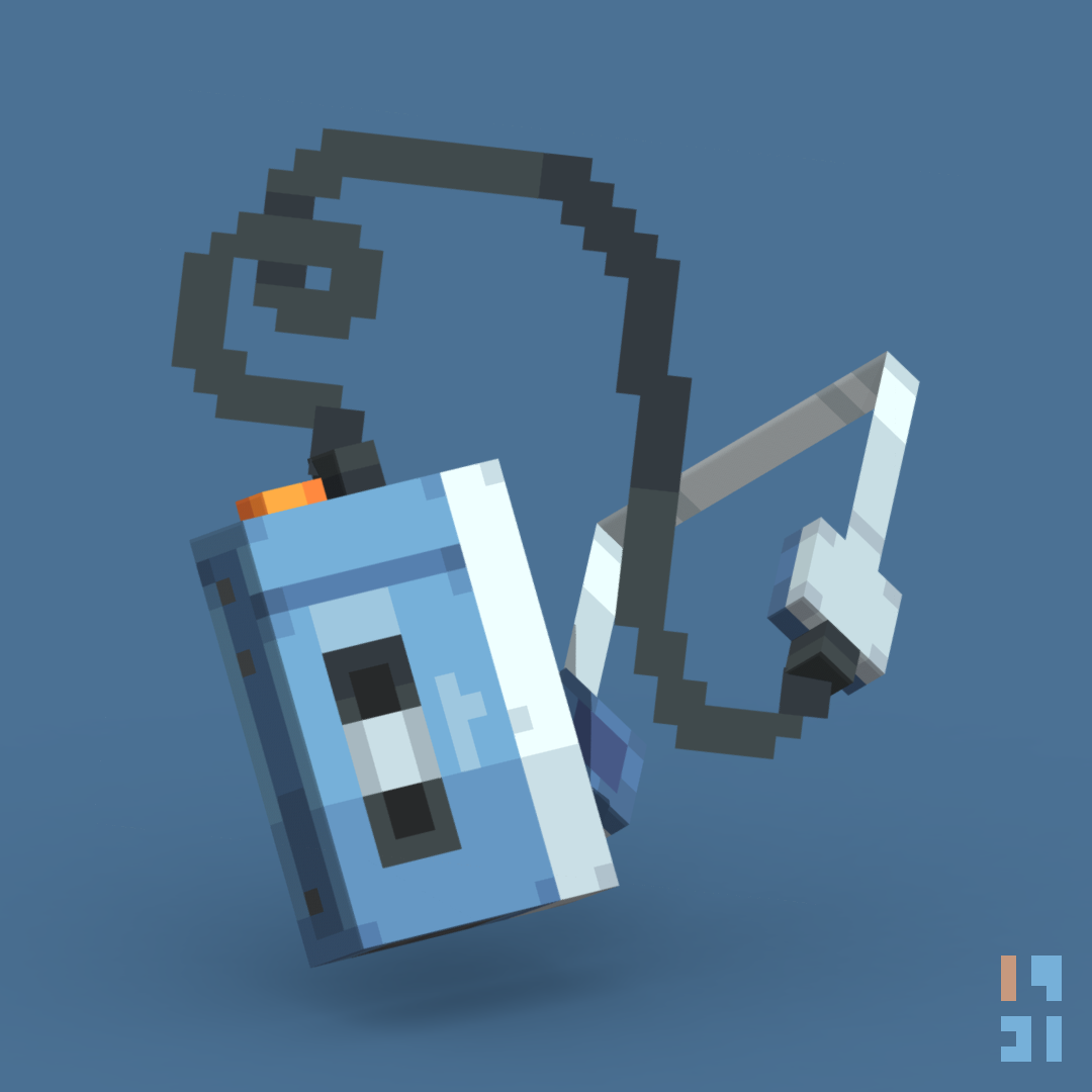Low-poly pixelated model of a blue 80s Sony Walkman with headphones